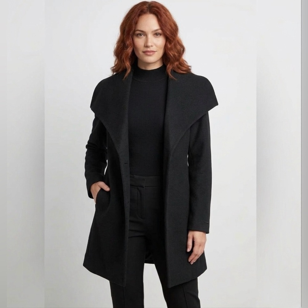Tahari Classic Black Long Open Front Coat